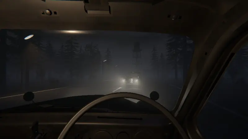 Through a cab windscreen at night: headlights approach in thick fog on a forest road.