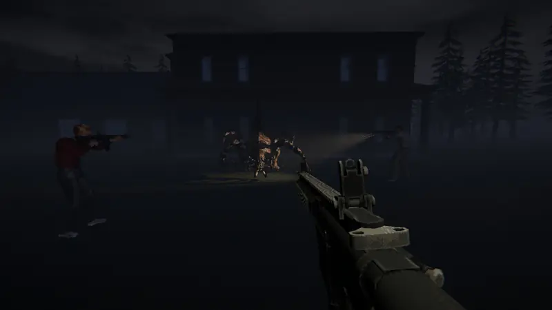 Players with rifles and torches face a long-legged creature outside a dark house.