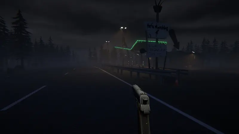 A pistol raised on a night road beside a roadside sign scrawled with “He’s Watching”.
