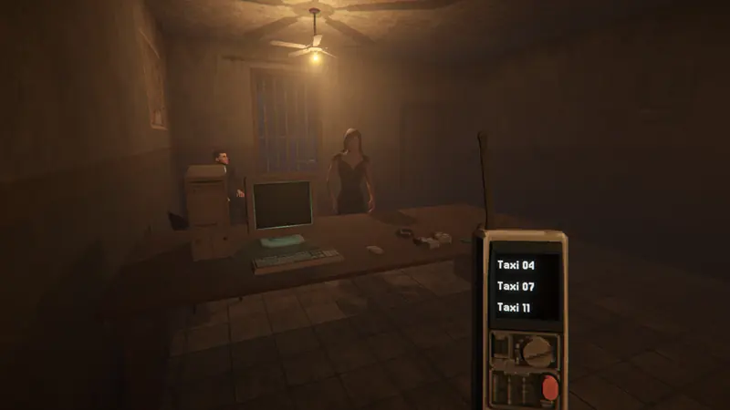 The dispatch office under a ceiling fan, with a handheld radio listing Taxi 04, 07 and 11.