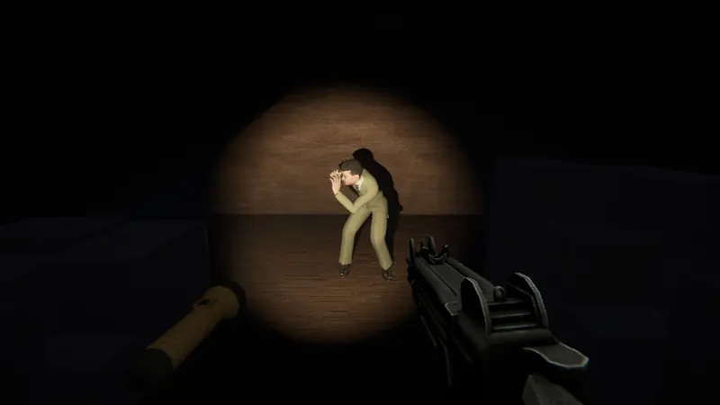 A torch beam catches a man crouching against a wall with his hands over his head.