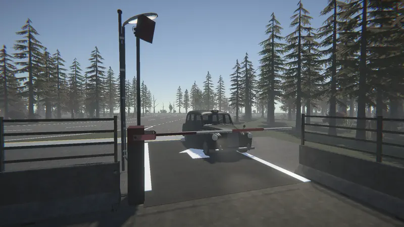 Daytime: a black cab waits at the raised barrier of the car park.