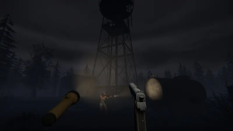 Night: a torch and pistol point toward a water tower where another player shines a light back.