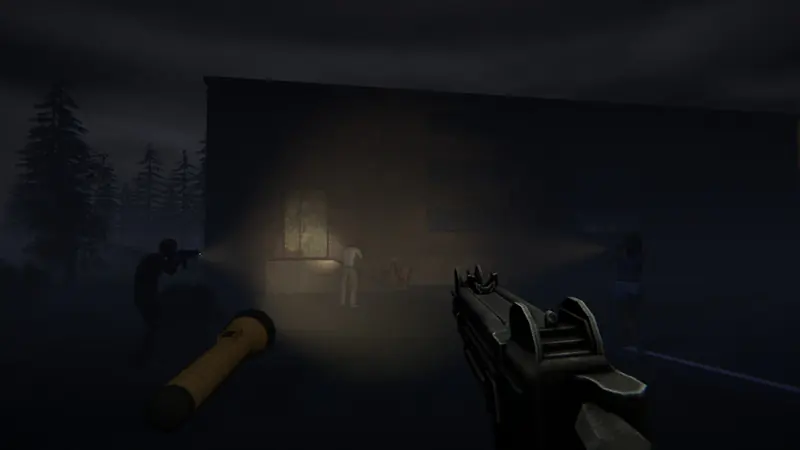Three players sweep the outside of a brick building with torches at night.